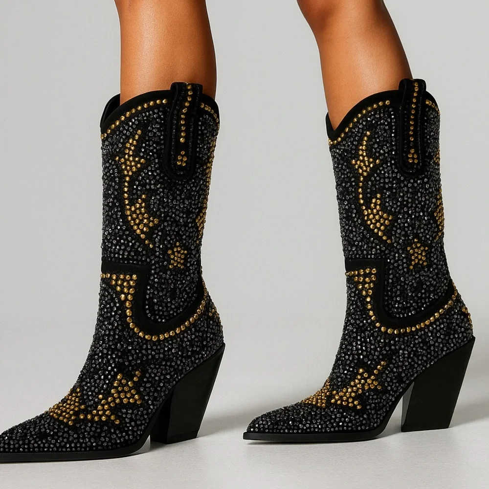 AZALEA WANG Embellished Crystal Western Boots Black & Gold Glam Rock Cowgirl